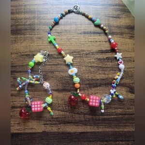 Multicolor Beaded Necklace and Bracelet Set - Cheerful Red Accent